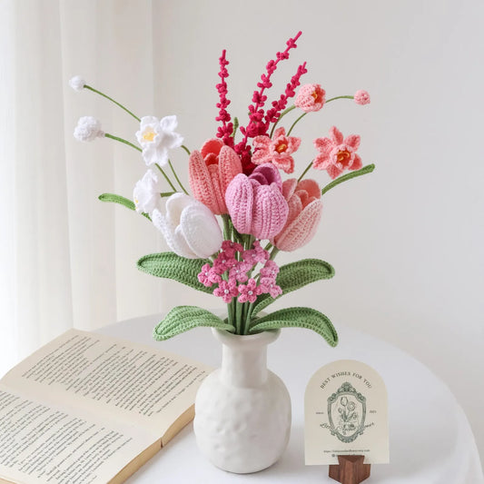 Bundle of pink crochet flowers supplied without a vase