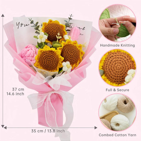 YSHomy Crochet Sunflower Rose Tulip Bouquet with Pink Wrapping