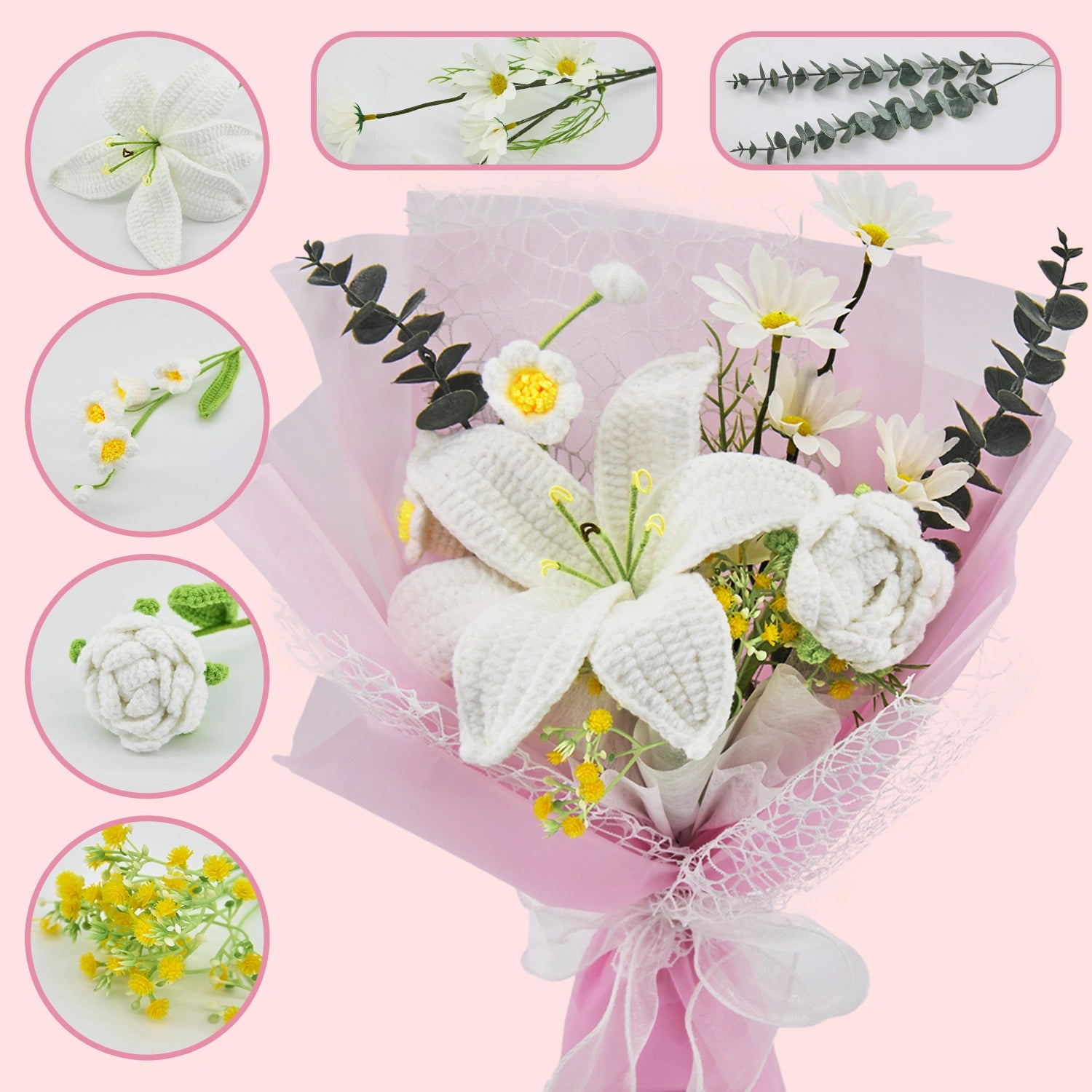 YSHomy Crochet Big Lily Flower Bouquet-Pink