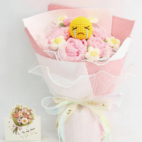YSHomy Round Crochet Pink & White Emoji Bouquet with Rose