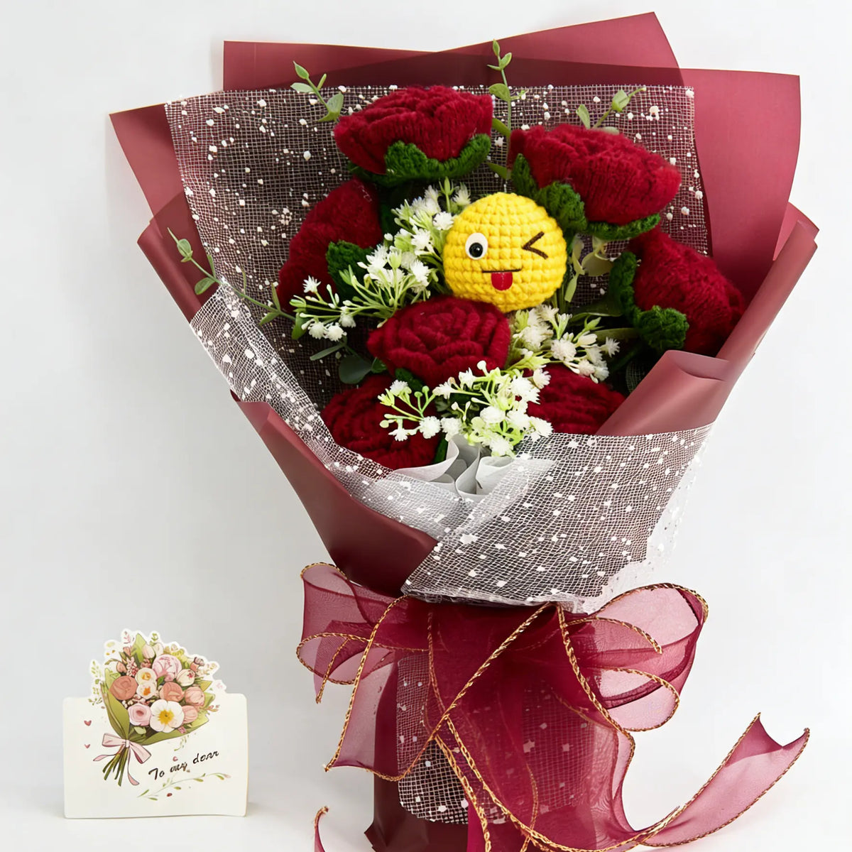 YSHomy Red Crochet Emoji Bouquet with Rose