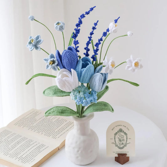 Bundle of blue crochet flowers supplied without a vase