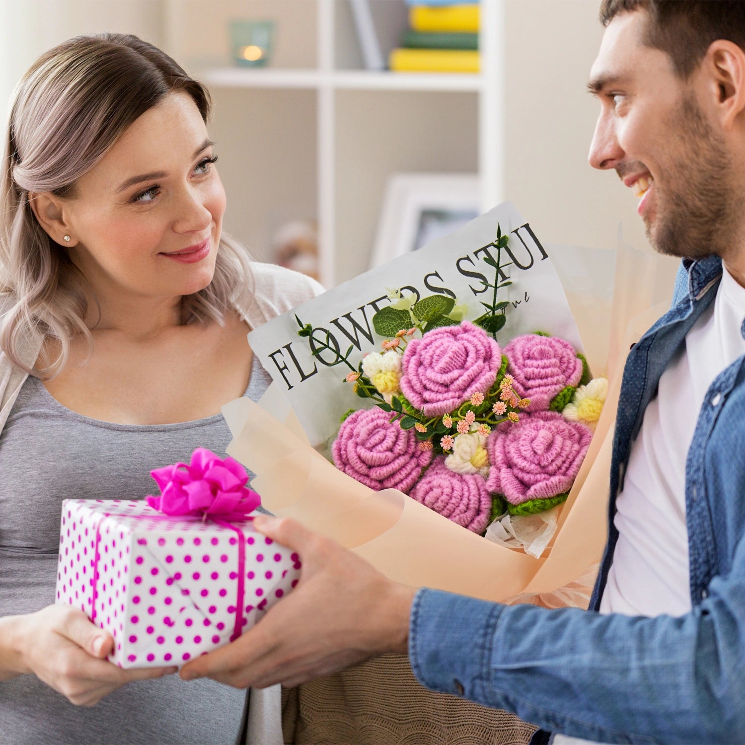 YSHomy Crochet Pure Pink Rose Bouquet