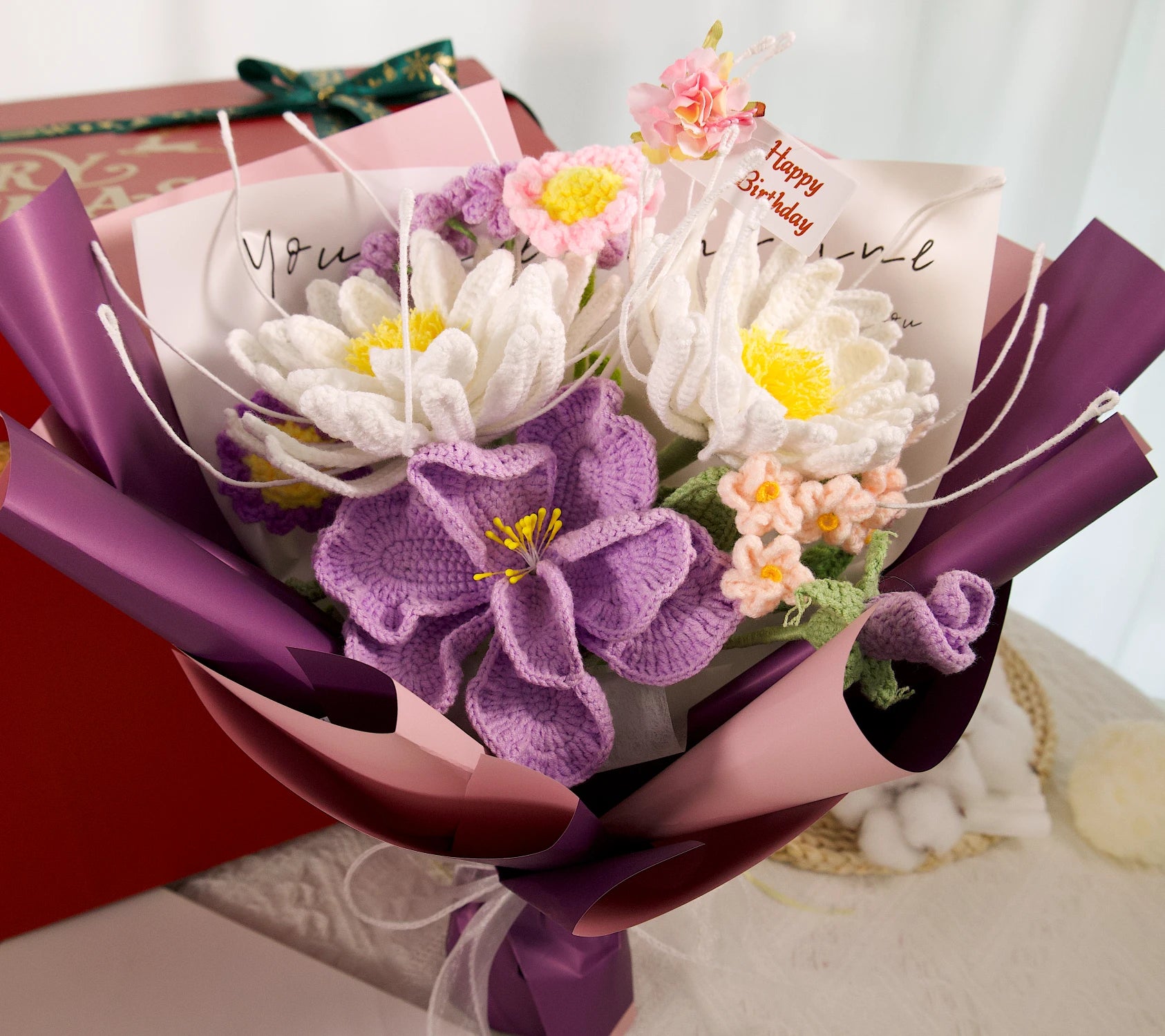 YSHomy Crochet Flowers Bouquet with Night of the Queen Flower in Purple Wrapping