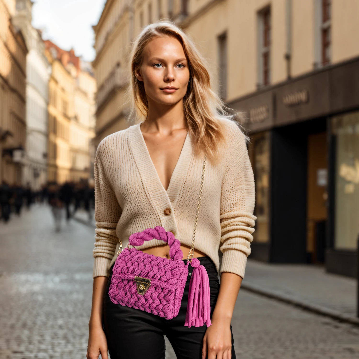 YSHomy Handmade Crochet Crossbody Handbag with Twist Handle