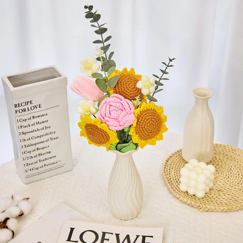 YSHomy Crochet Sunflower Rose Tulip Bouquet with Pink Wrapping