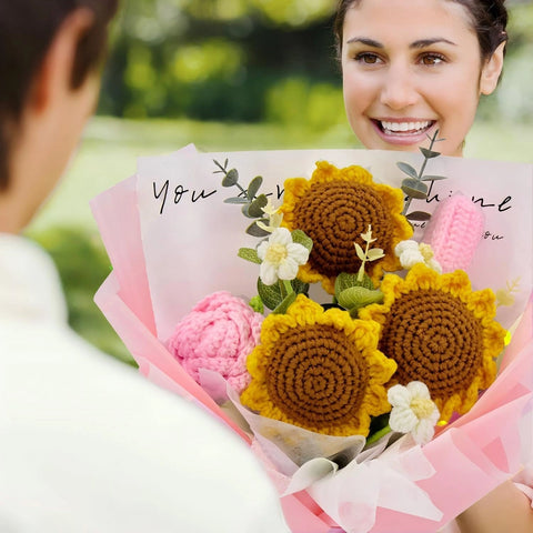 YSHomy Crochet Sunflower Rose Tulip Bouquet with Pink Wrapping