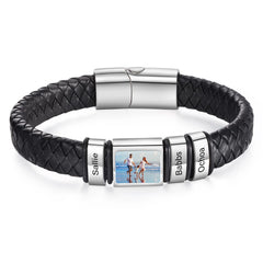 YSHomy Personalized Photo Leather Bracelet with Engraved Beads