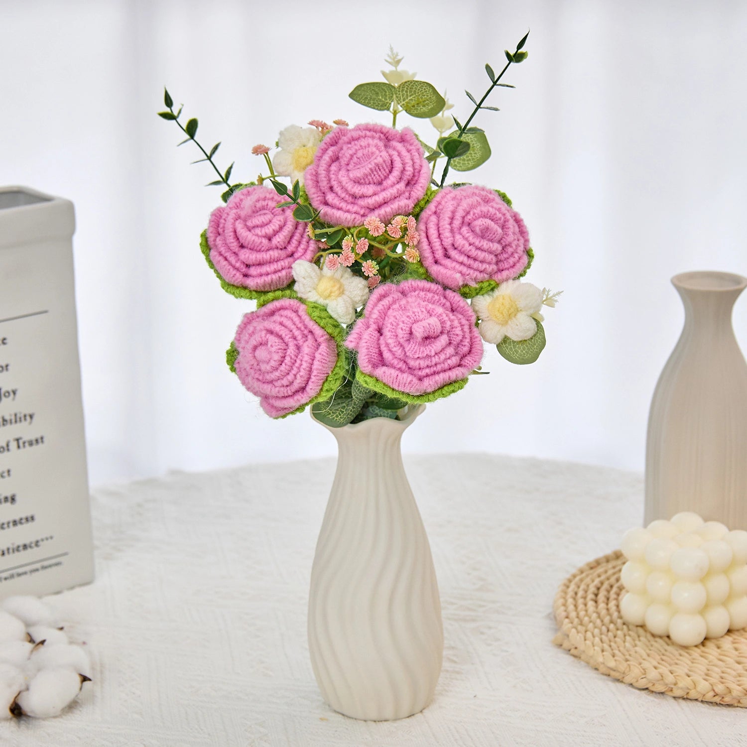 YSHomy Crochet Pure Pink Rose Bouquet