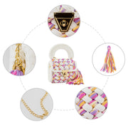 YSHomy Crochet Handbag with Handle & Tassels-White & Pink