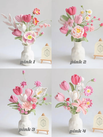 YSHomy Pink Series Crochet Flower Bundle Set (No Vase)