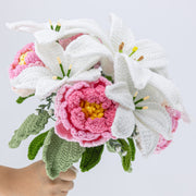 Crochet wedding bouquet of lilies and peonies