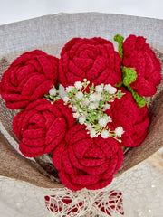 YSHomy Crochet Red Rose Bouquet with Dark Linen Wrapping