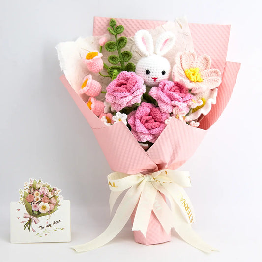 Crochet bouquet with a bunny, sharp-petalled roses and Galsang flowers