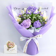 Purple crochet bouquet of carnation, rose and tulip