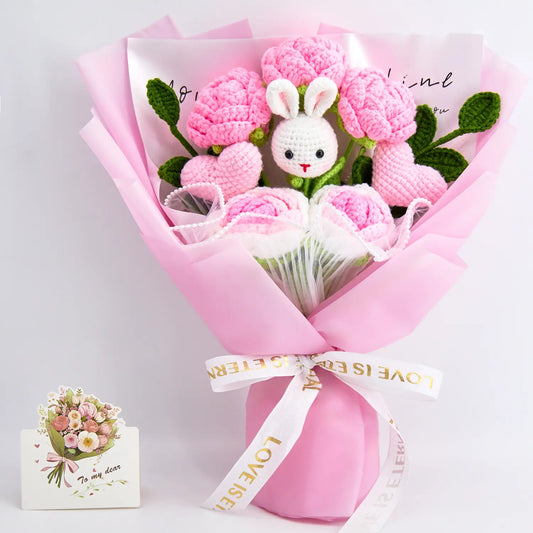Crochet bouquet with a bunny centrepiece, crochet hearts and roses