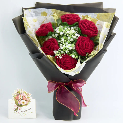 YSHomy Crochet 6 Red Rose Bouquet with Black Wrapping