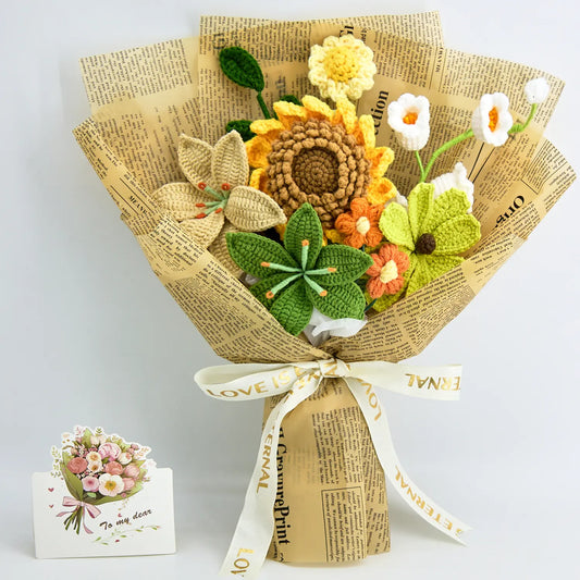 Crochet sunflower and lily bouquet wrapped in newspaper
