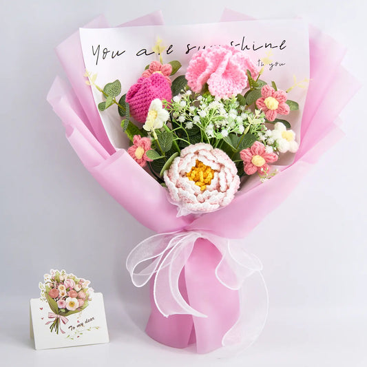 Handmade crochet bouquet of carnation, peony and tulip, wrapped and ready to gift