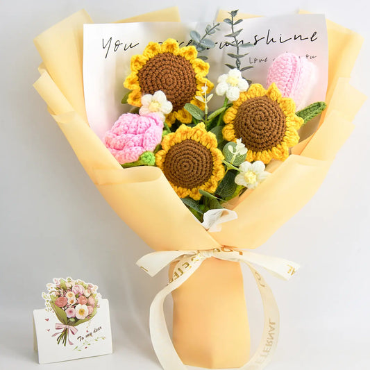 Crochet sunflower, rose and tulip bouquet in yellow wrapping