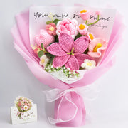 Pink and white crochet bouquet with lily, rose, tulip and calla lily