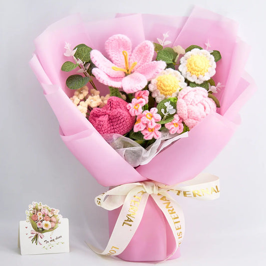 Crochet bouquet of roses and tulips with pink and white blooms