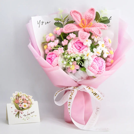 Pink crochet bouquet of tulips and roses
