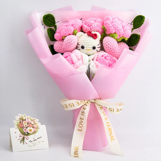 Crochet bouquet with HK lettering, five red roses and two crochet hearts