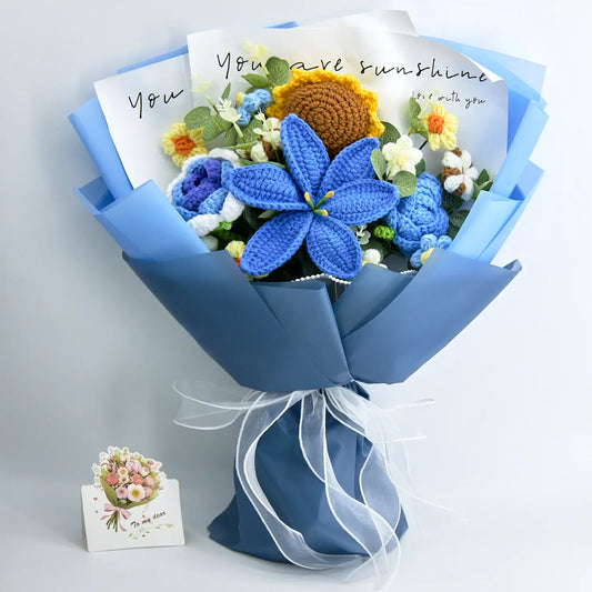 Blue crochet bouquet of sunflower, lily and rose with 14 blooms