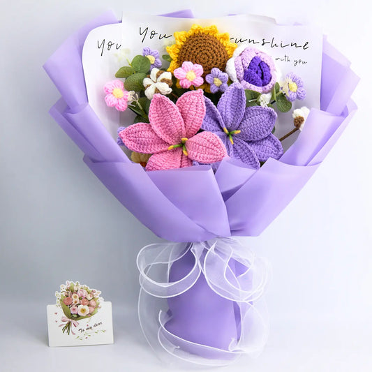 Purple crochet bouquet of sunflower, lily and rose with 14 blooms