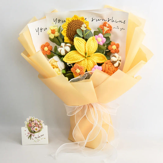 Yellow crochet bouquet of sunflower, lily and rose with 14 blooms