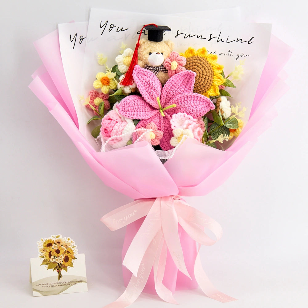YSHomy Crochet Flower Bouquet with Graduation Bear-Pink