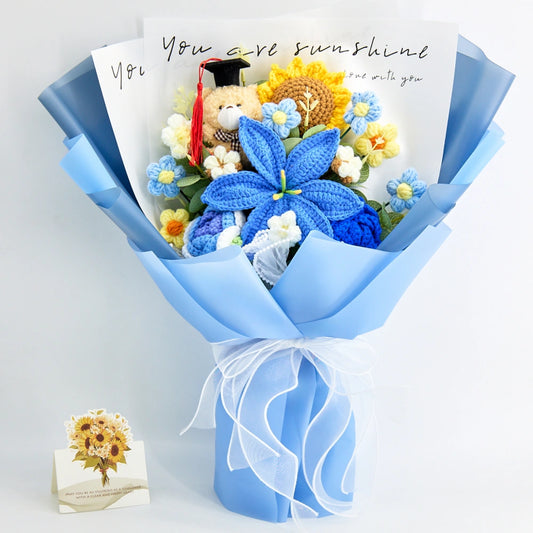 Blue crochet graduation bouquet with a bear in a graduation cap