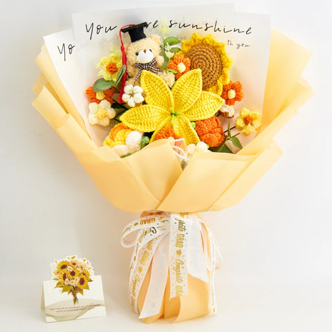 YSHomy Crochet Flower Bouquet with Graduation Bear-Yellow