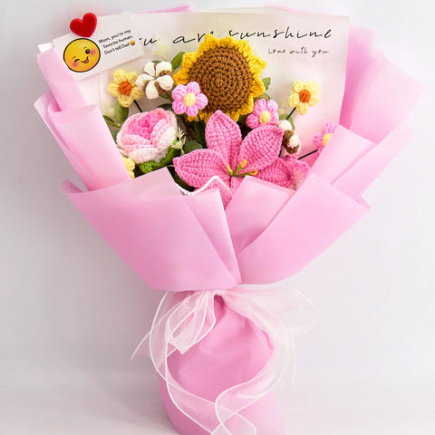 YSHomy Crochet Lily Sunflower Rose Carnation Bouquet-Pink