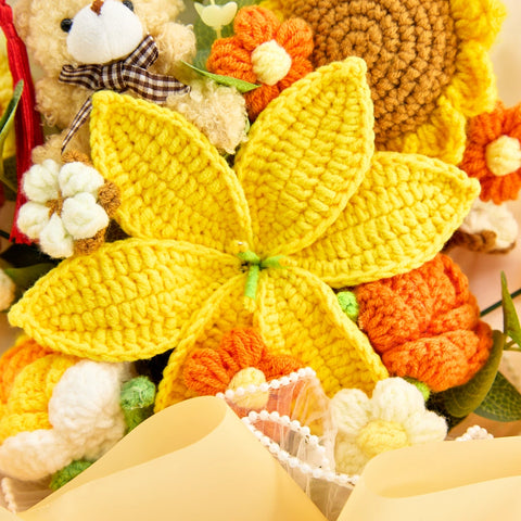YSHomy Crochet Flower Bouquet with Graduation Bear-Yellow