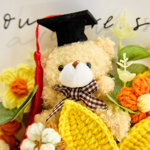 YSHomy Crochet Flower Bouquet with Graduation Bear-Yellow