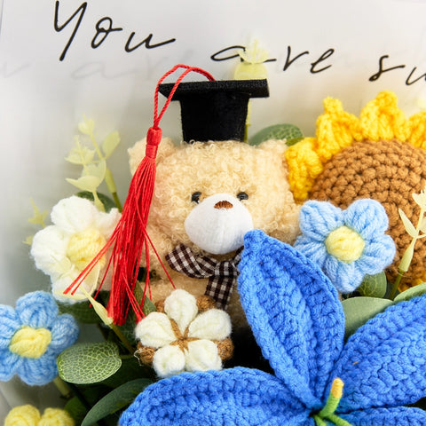 YSHomy Crochet Flower Bouquet with Graduation Bear-Blue