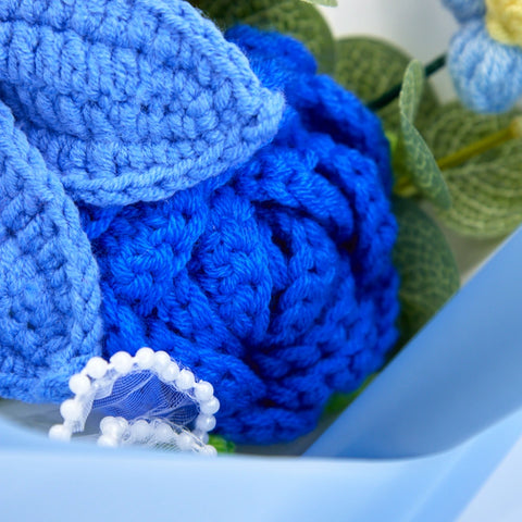 YSHomy Crochet Flower Bouquet with Graduation Bear-Blue