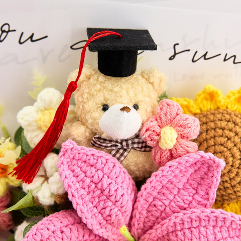 YSHomy Crochet Flower Bouquet with Graduation Bear-Pink
