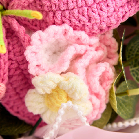 YSHomy Crochet Flower Bouquet with Graduation Bear-Pink