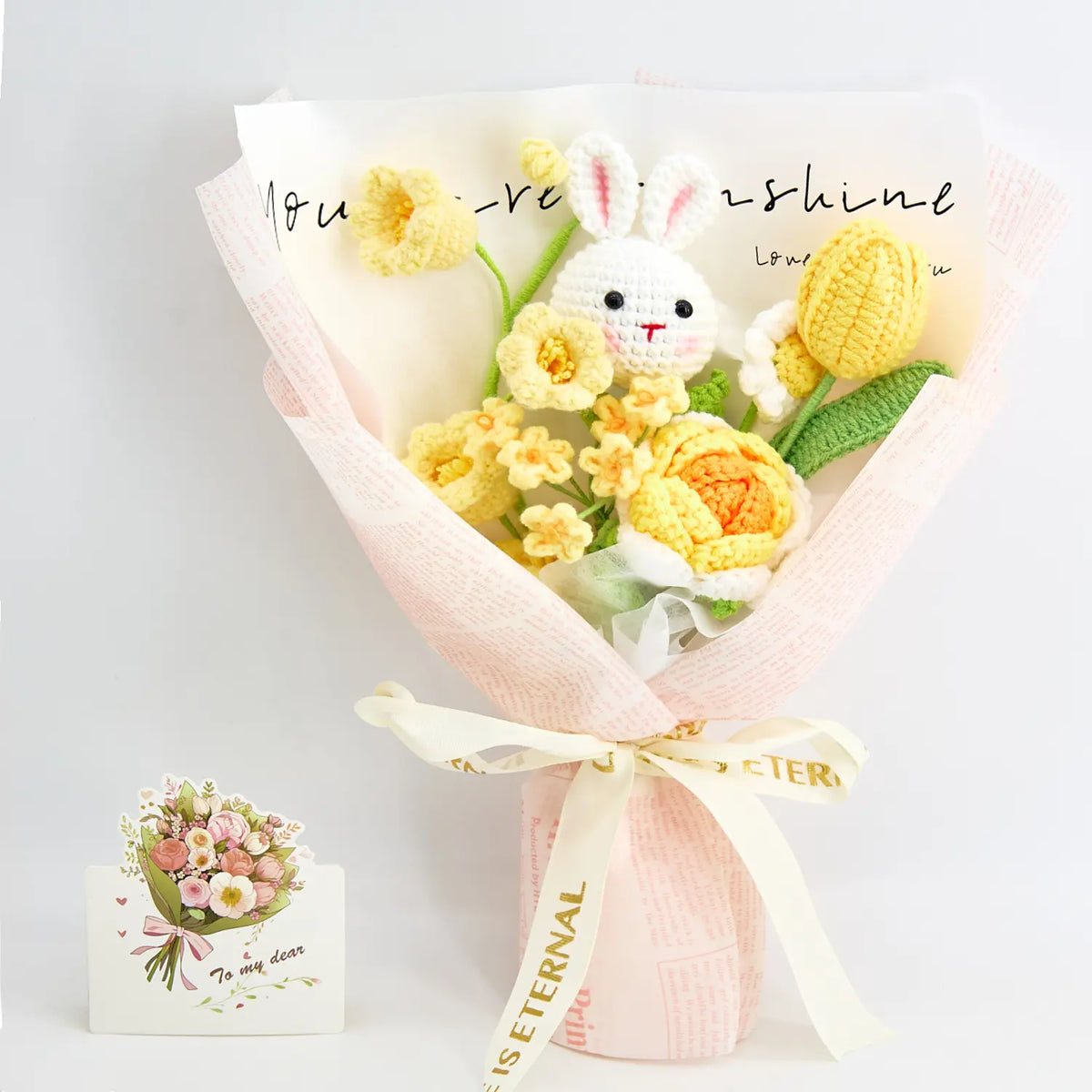 YSHomy Crochet Bunny Rose Tulip Daisy Bouquet-Yellow