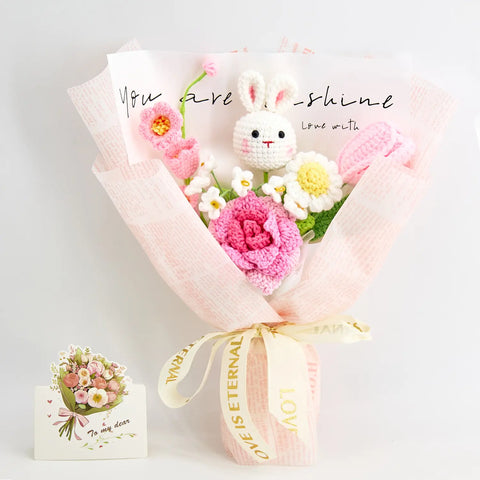 YSHomy Crochet Bunny Rose Tulip Daisy Bouquet-Pink
