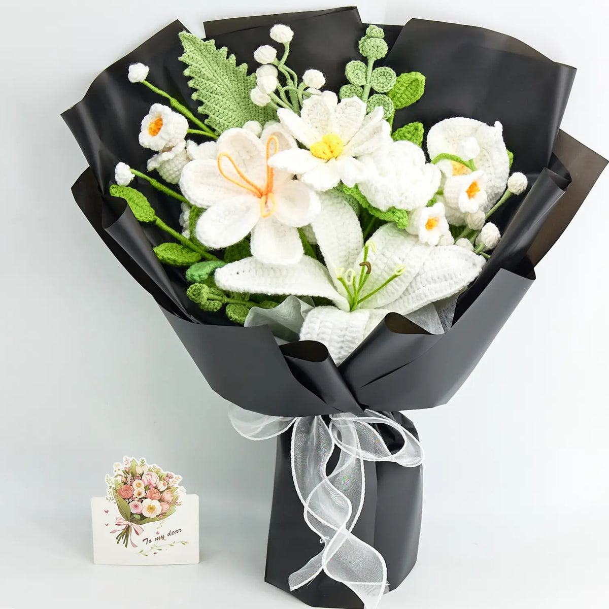 YSHomy White Crochet Flower Bouquet with Black Wrapping