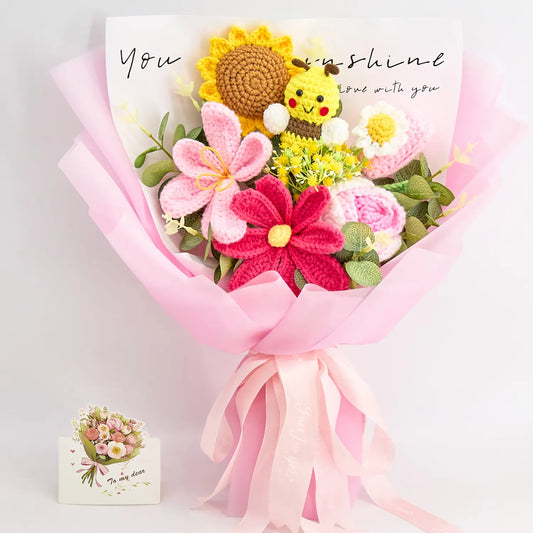 Crochet bouquet with a bee centrepiece, roses, tulips and sunflowers