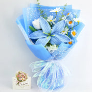 Crochet bouquet of large blue lilies