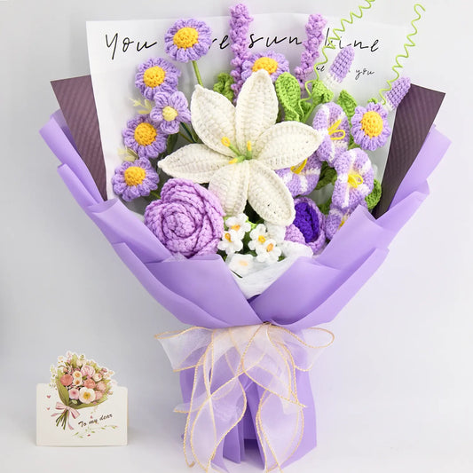 Purple and white crochet bouquet of lily, morning glory, aster and rose