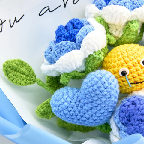 YSHomy Crochet Bouquet with Blue Roses & Emoji