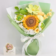 Crochet bouquet with a two-layer upgraded sunflower, roses and a heart, green wrapping