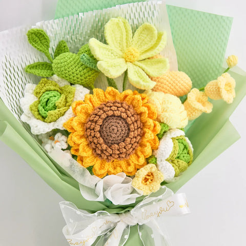 YSHomy Green Crochet Big Sunflower Rose Heart Bouquet